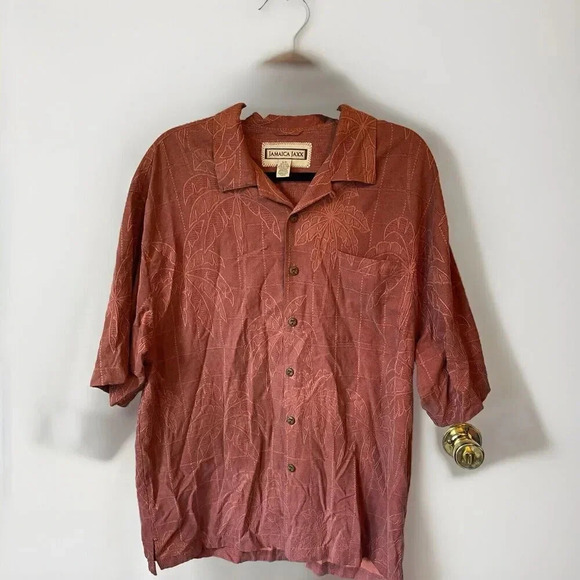 Jamaica Jaxx Shirt Mens L Orange Silk Hawaiian Camp Button Up Collared Pocket - Picture 1 of 8